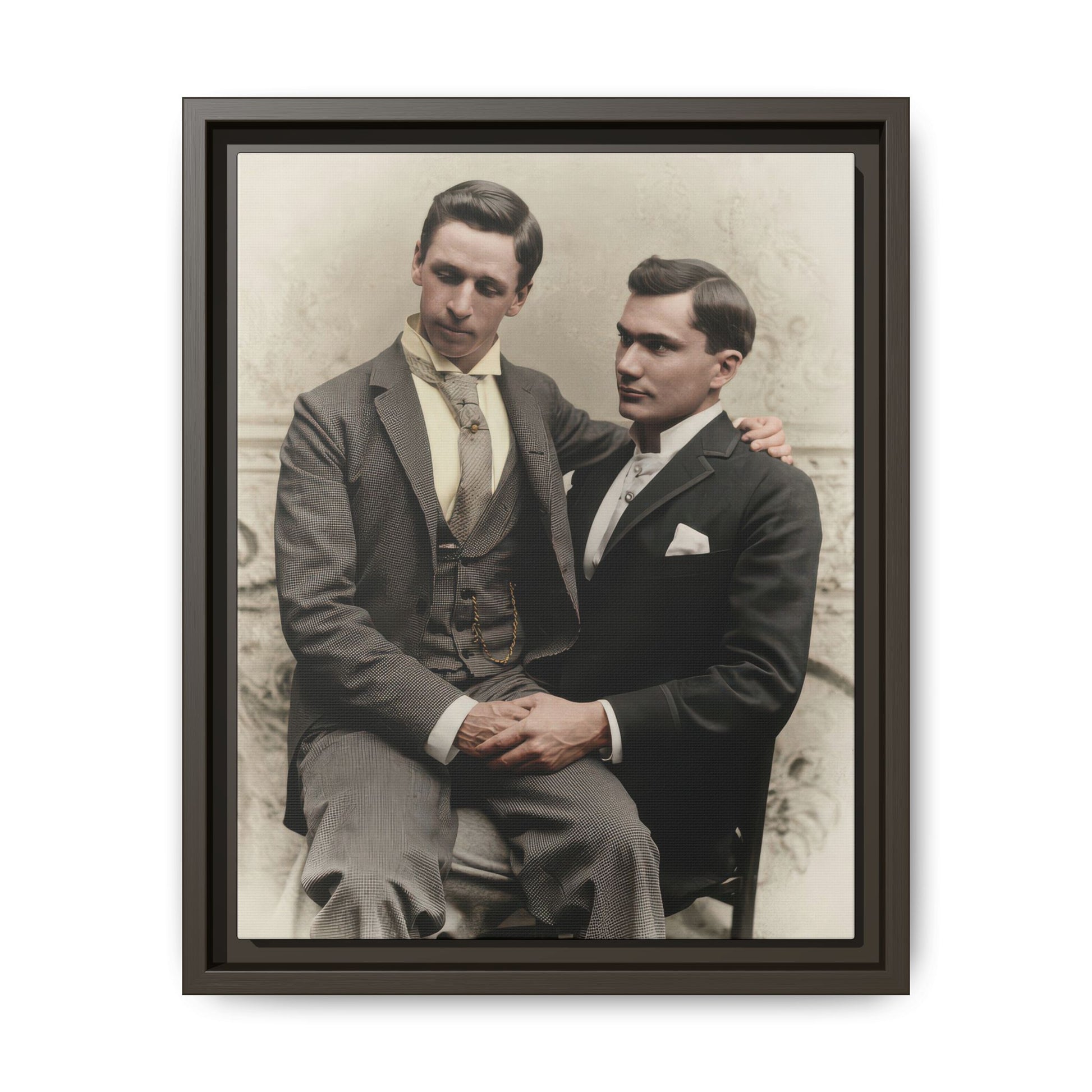 Historic vintage photograph of two men in tailored clothing reproduced as framed canvas wall art