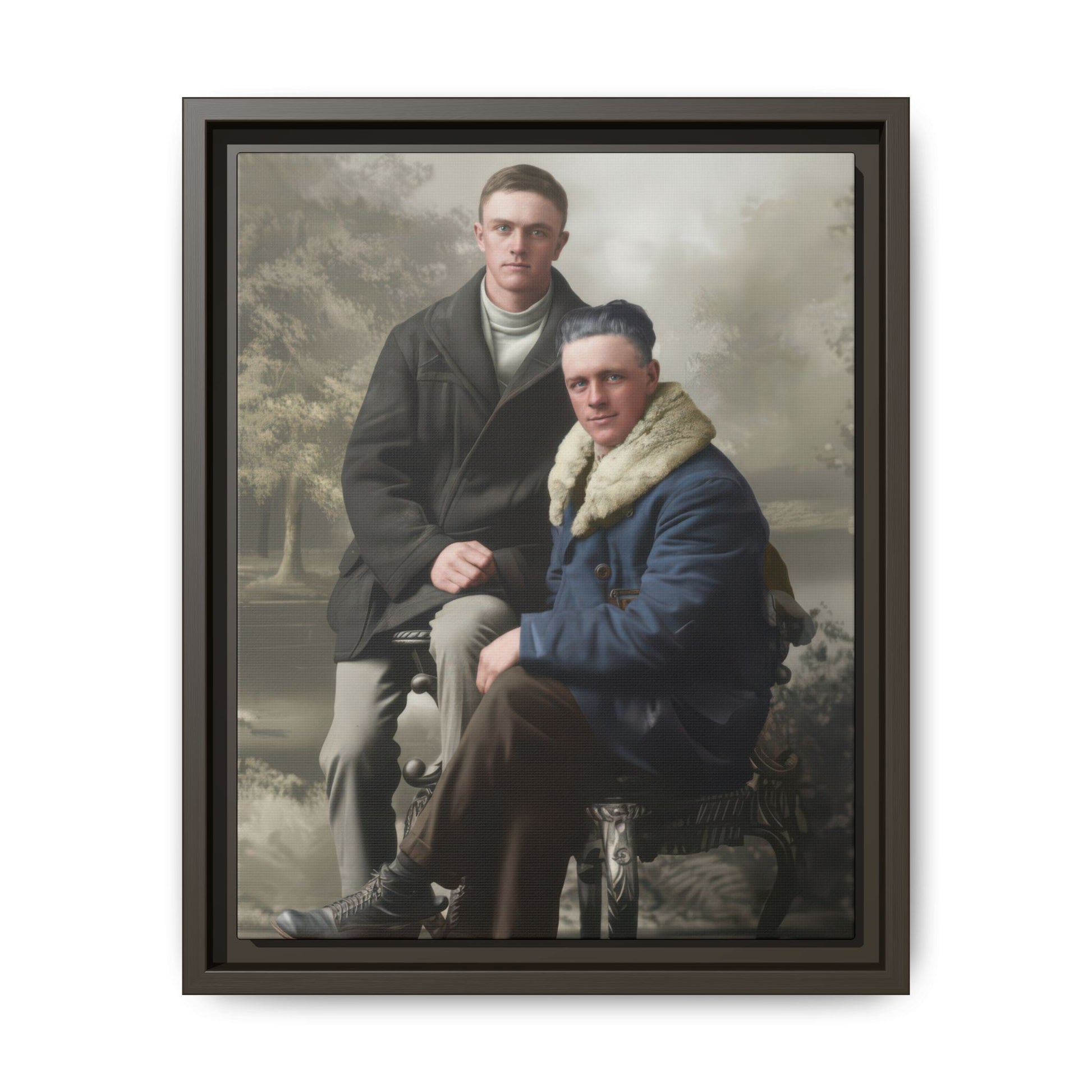 Historical seated portrait showing two closely posed men in winter outerwear against a scenic background