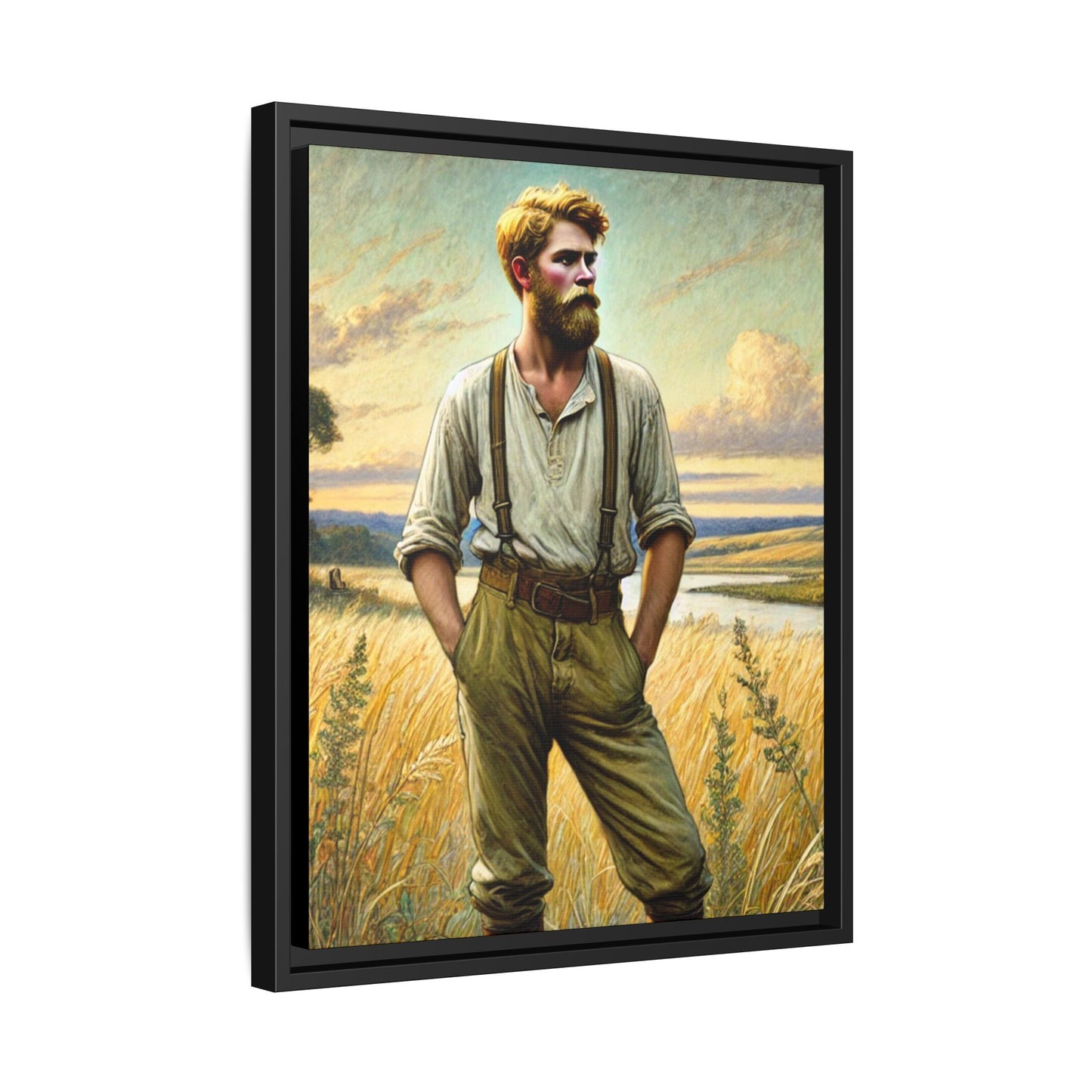 Framed artwork of a confident farmer in 19th-century attire, standing in a golden wheat field, inspired by Walt Whitman’s Song of Myself in Leaves of Grass.