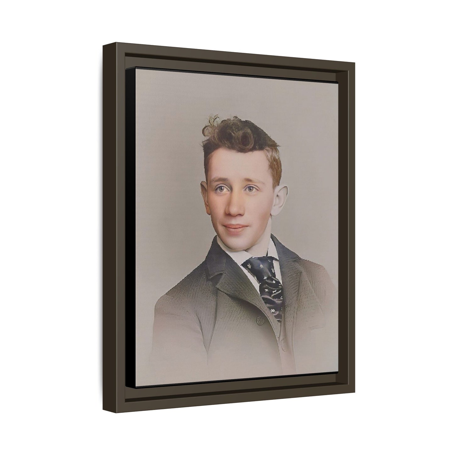 Restored vintage portrait of Leo from early 1900s Milwaukee, Wisconsin, featuring refined elegance and a patterned cravat. Framed matte canvas print celebrating timeless style and individuality.