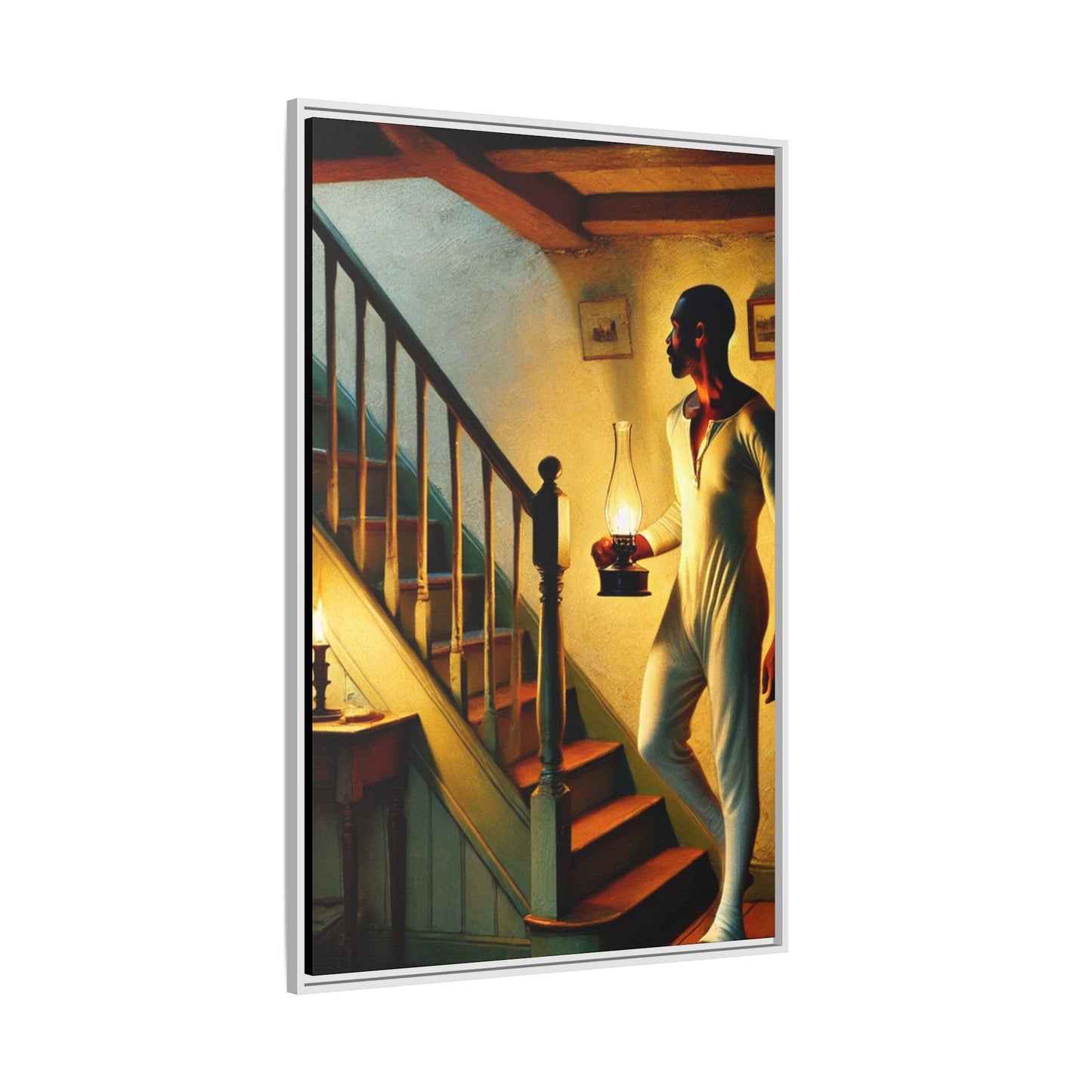 Framed artwork of an African-American man holding a lantern on a staircase, inspired by Grant Wood's style.