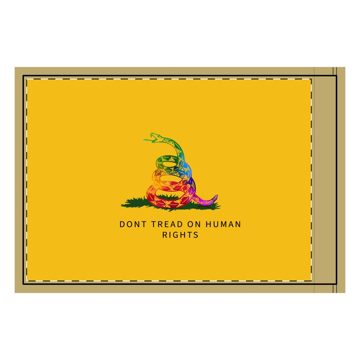 A vibrant reinterpretation of the Gadsden Flag featuring a coiled rainbow rattlesnake on a golden yellow background with the text "Don’t Tread on Human Rights," symbolizing inclusivity, equality, and justice. Don’t Tread on me. Gay Pride Flag