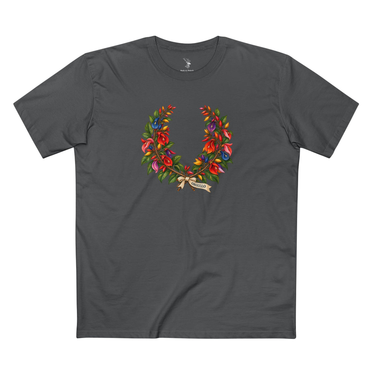 Dark T-shirt displaying an open ceibo floral wreath in Pride colors with white ORGULLO lettering centered below the botanical crown.