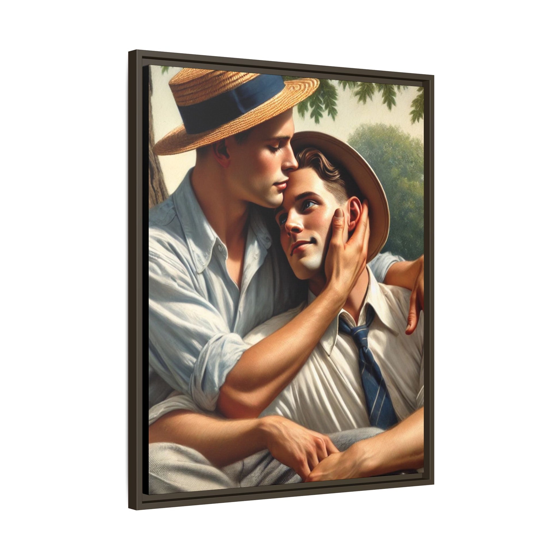 Vintage-style artwork of a gay couple in a sunlit meadow, sharing an affectionate moment in the 1930s