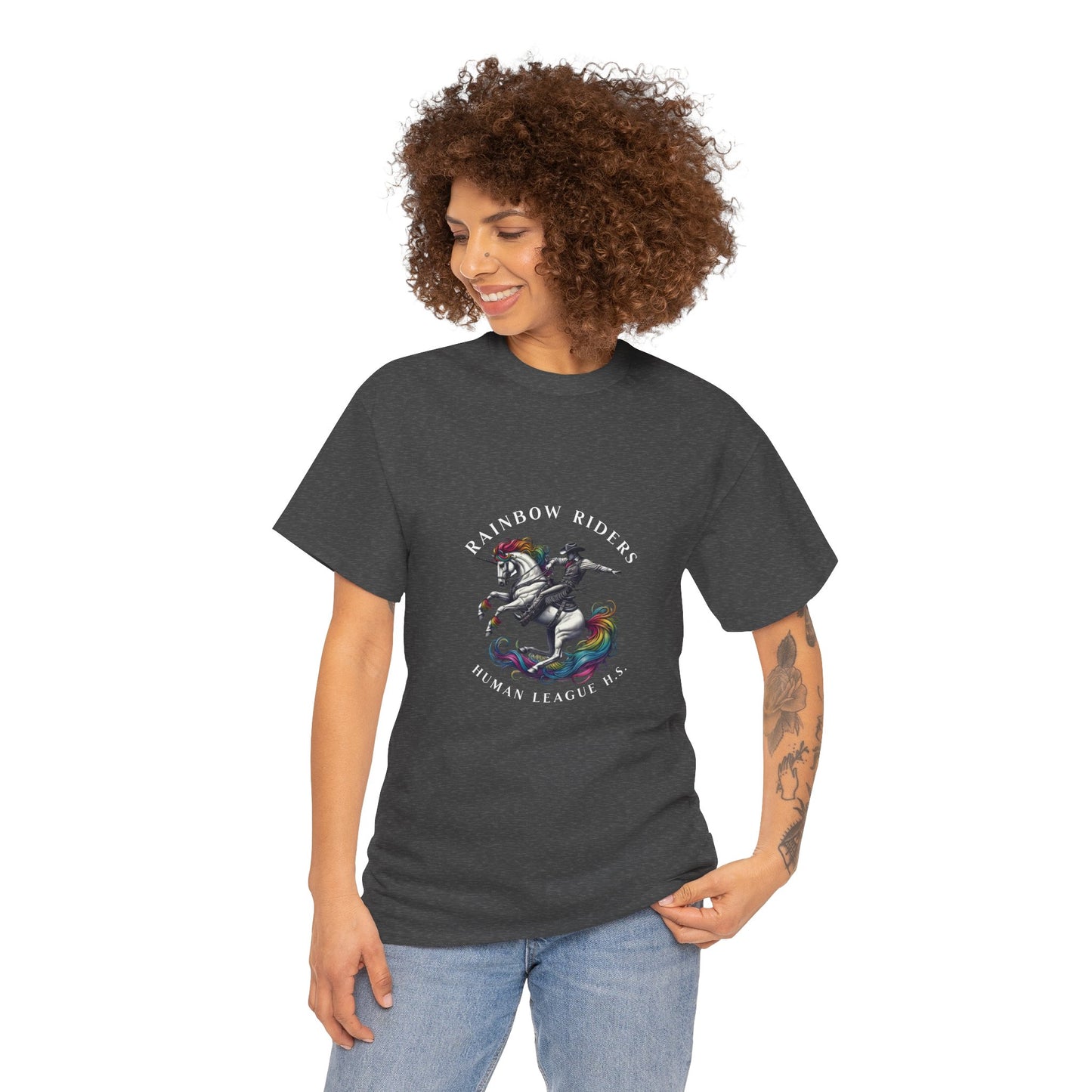 Human League High School Rainbow Riders Pride T-Shirt featuring a vibrant mascot of a unicorn with a rainbow mane and tail, symbolizing diversity, inclusion, and equality LGBTQ Gay