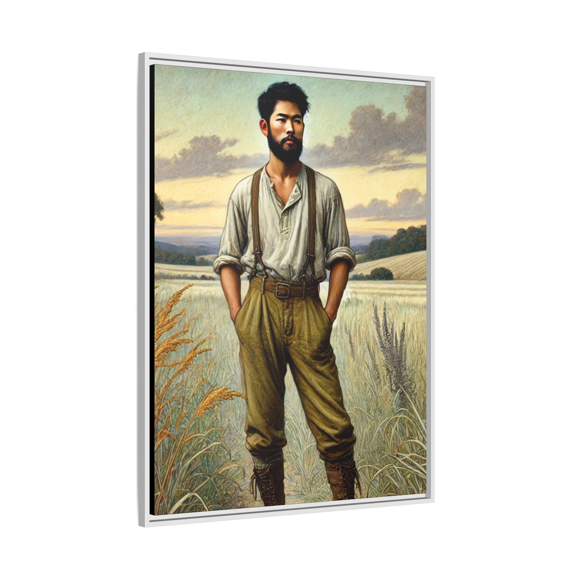 Framed artwork of an Asian-American farmer in 19th-century attire, inspired by Walt Whitman’s Leaves of Grass and Song of Myself, set against a serene rural backdrop of golden wheat fields and rolling hills.