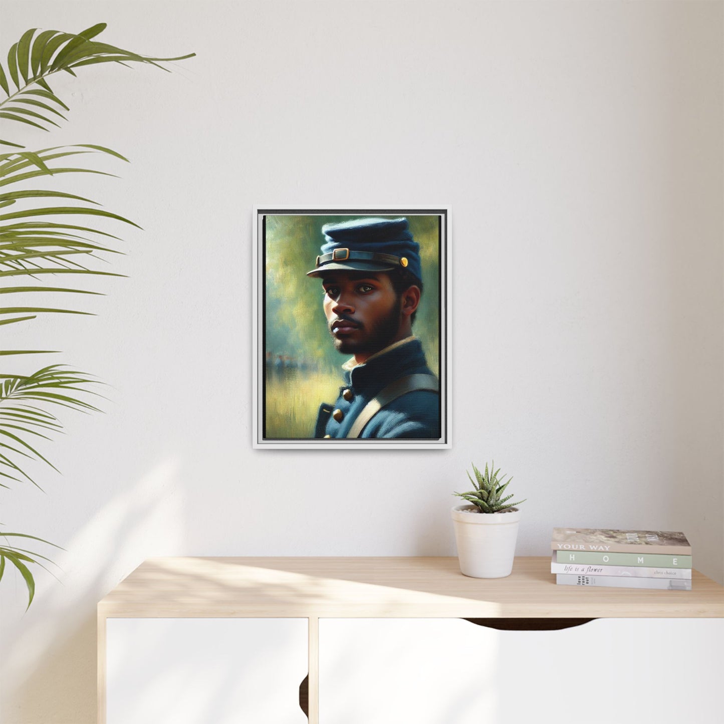 Portrait of an African American Civil War Union soldier in a kepi and navy wool coat, inspired by Walt Whitman’s Drum-Taps, honoring bravery, sacrifice, and resilience.