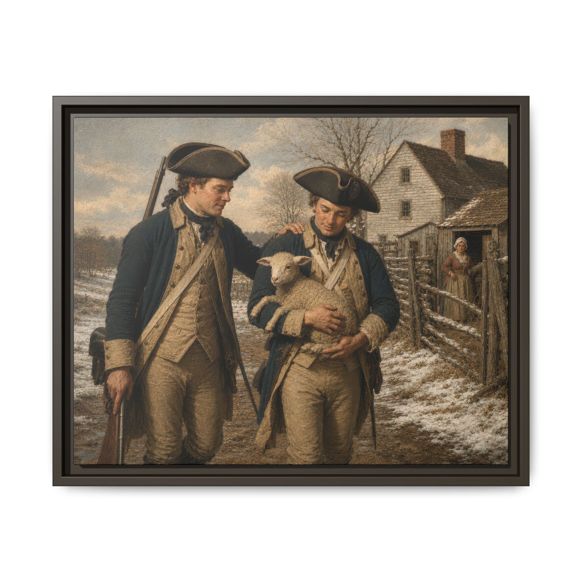 Two Continental Army soldiers carrying a lamb along a snowy farm road during the Revolutionary War.