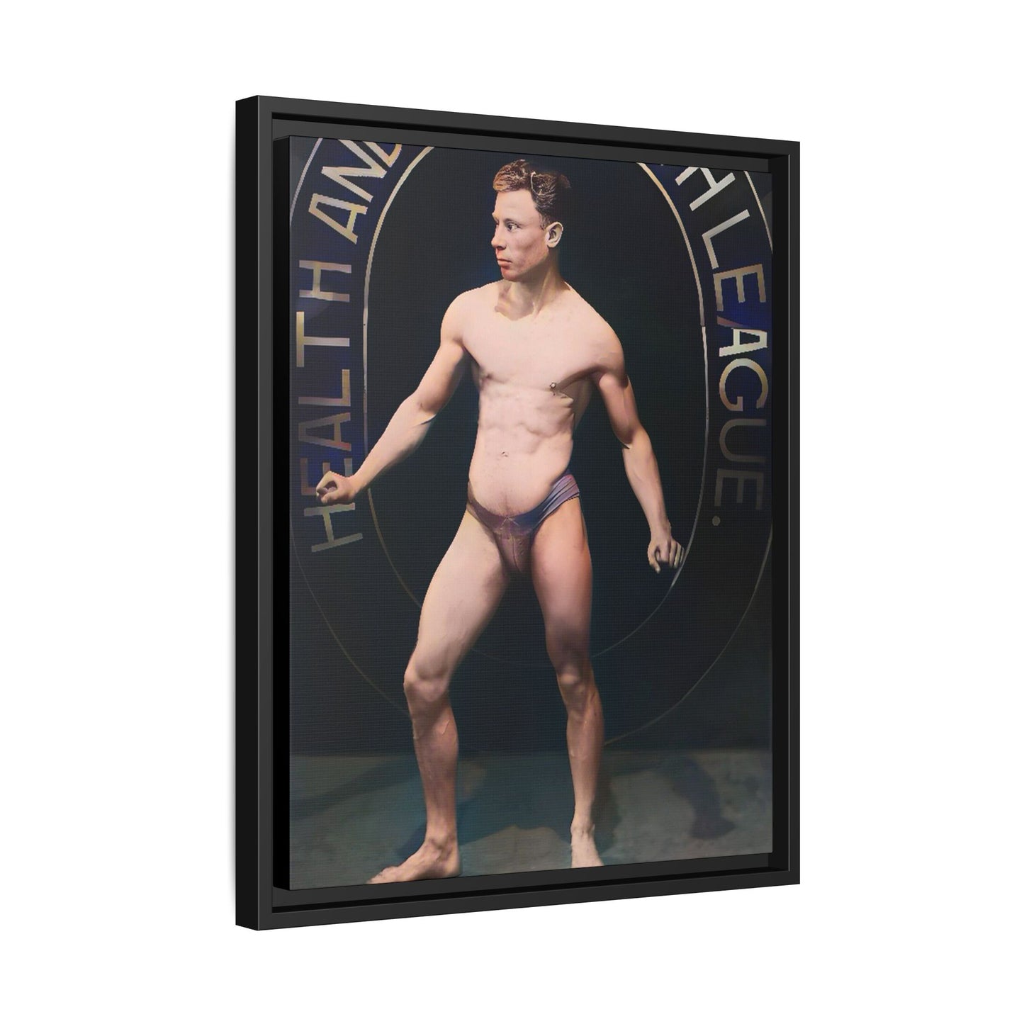 Restored vintage photo of Robert, a young bodybuilder from Manchester, UK, circa early 20th century, framed canvas.