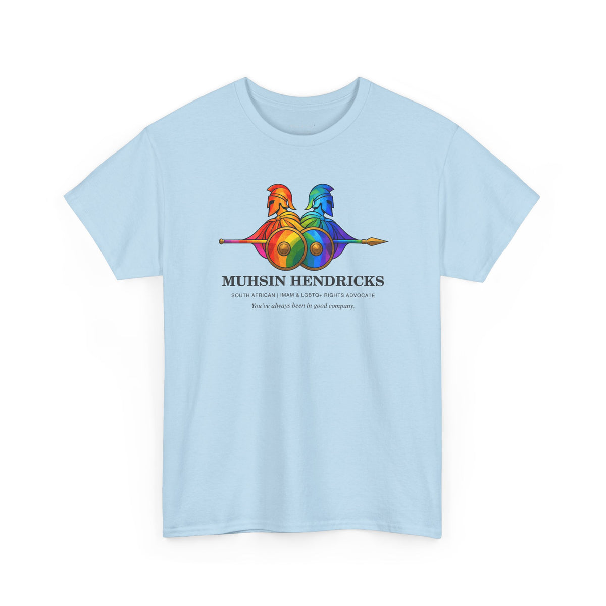 Muhsin Hendricks Pride T-shirt for light colors with charcoal typography and paired Pride-colored Theban warrior emblem