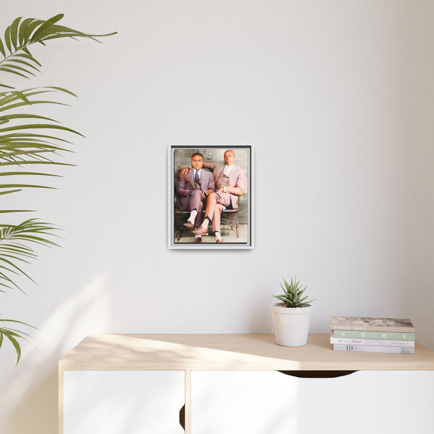 Restored vintage portrait of Walter & George, an African American gay couple seated in Birmingham AL, framed canvas art.