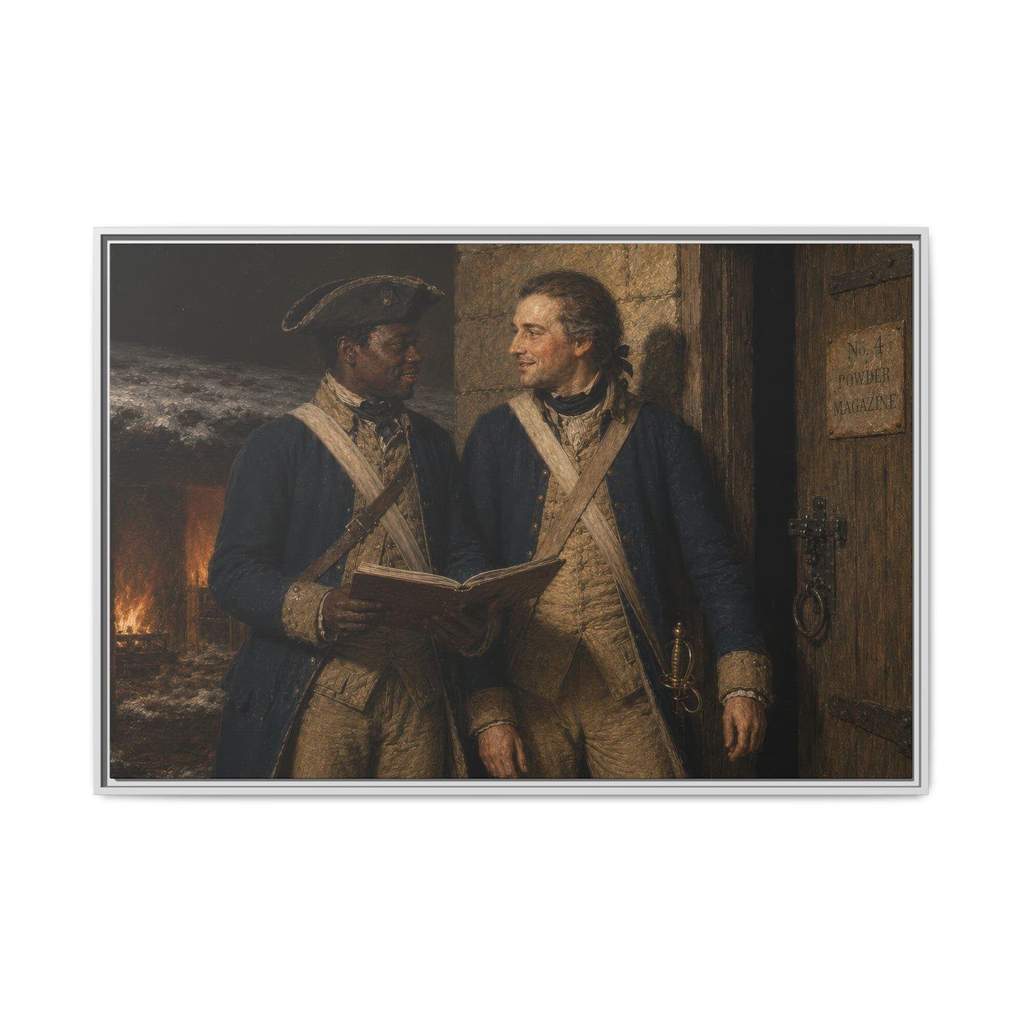 Museum-style portrait of Black and white Continental Army soldiers sharing a quiet moment beside a powder magazine during the American Revolution.