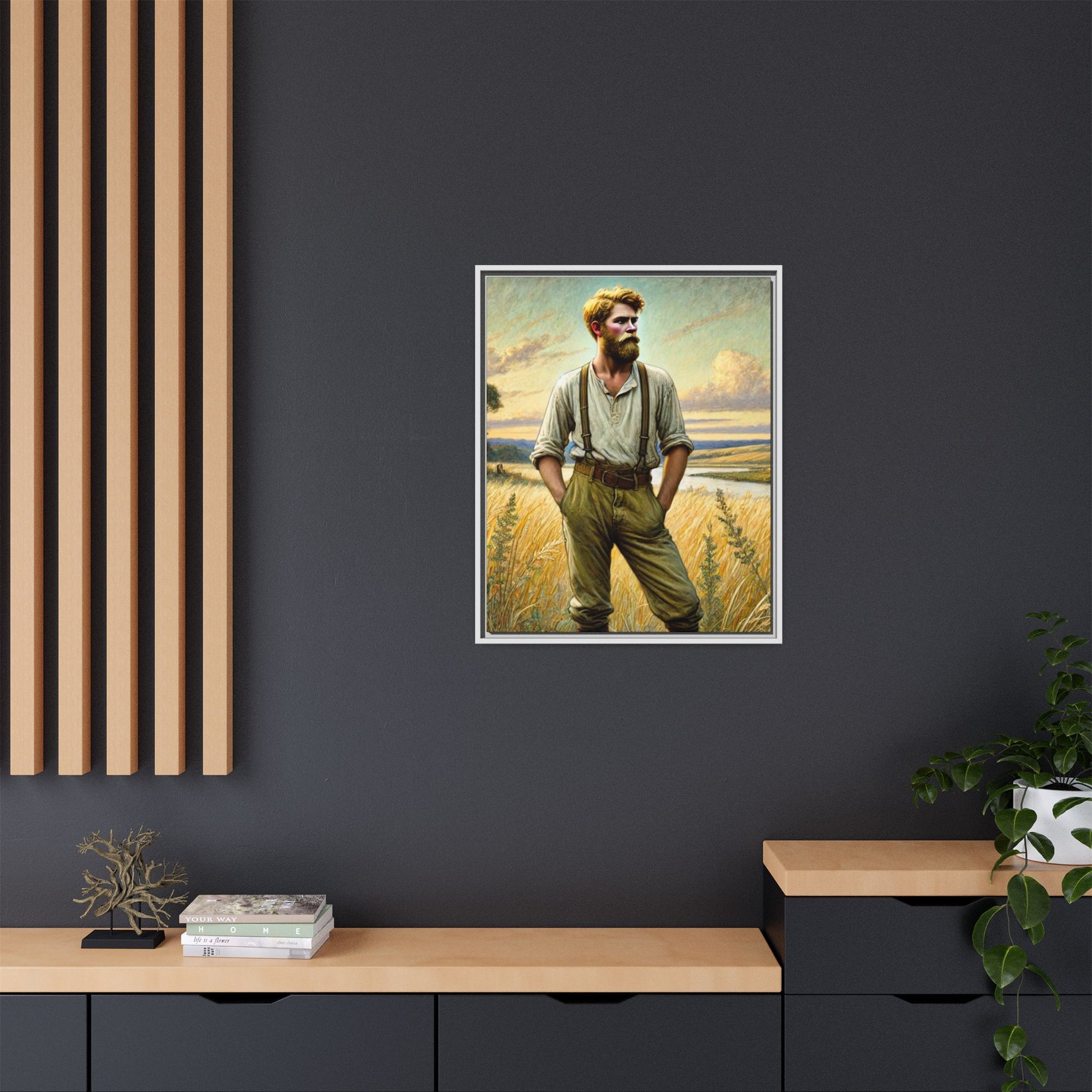 Framed artwork of a confident farmer in 19th-century attire, standing in a golden wheat field, inspired by Walt Whitman’s Song of Myself in Leaves of Grass.