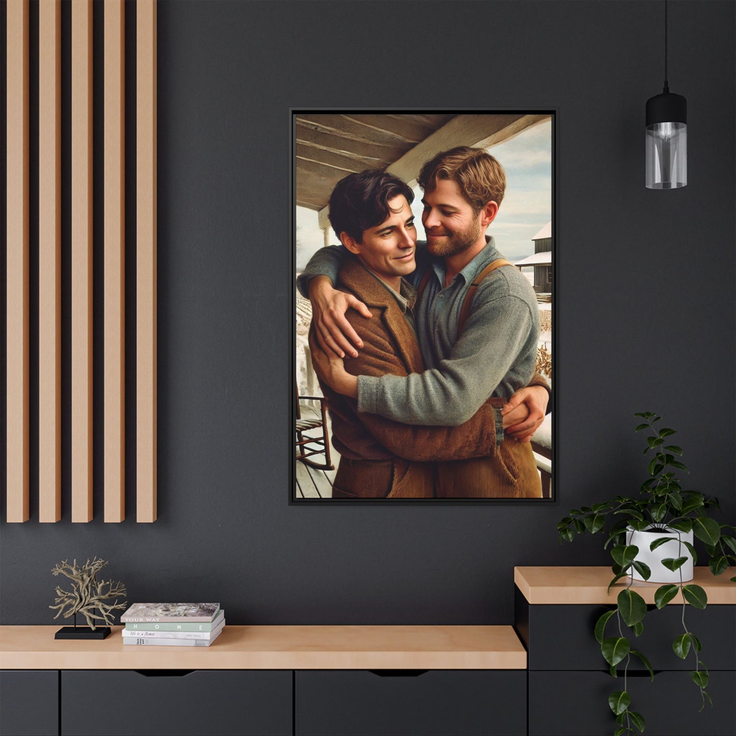 Artwork of a tender moment between two men embracing on a rustic farm porch in 1930s-style clothing. Set against a snowy, vintage rural backdrop, this image captures LGBTQ+ love and connection with a nostalgic Americana feel