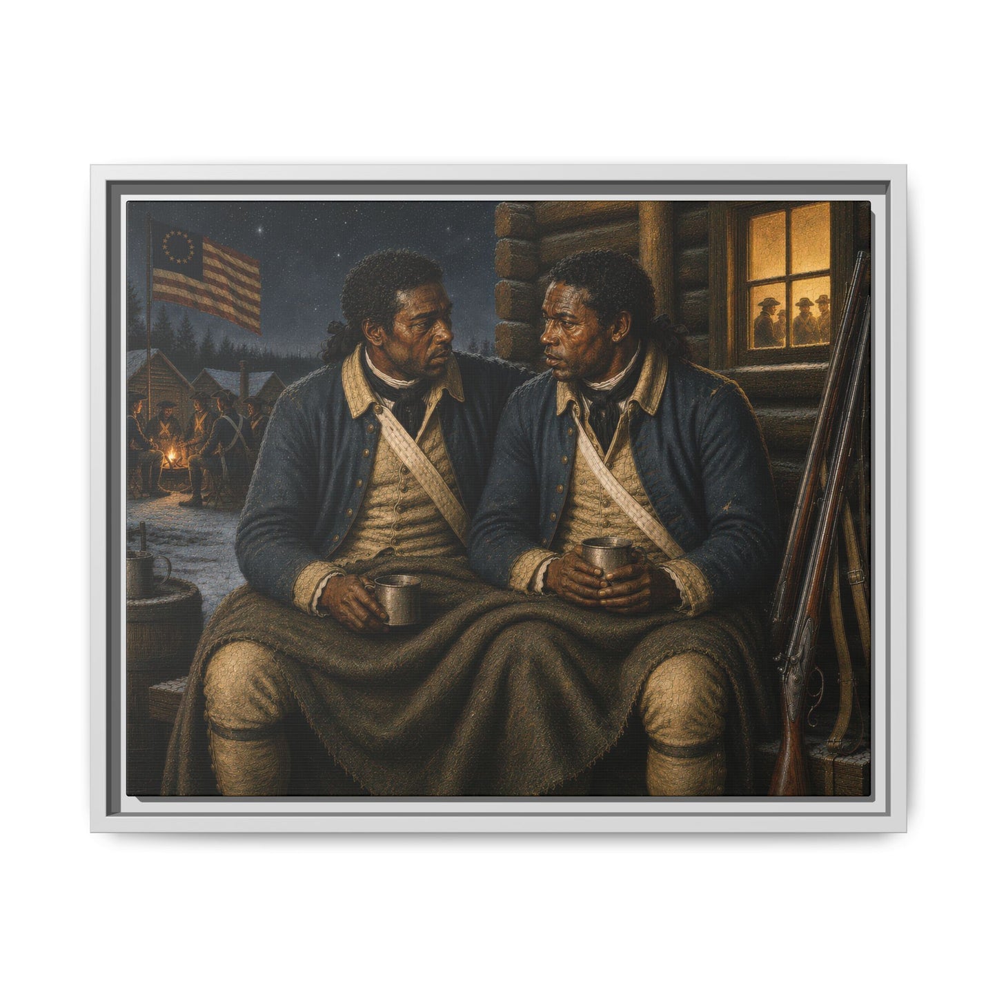 Framed matte canvas depicting two African American Revolutionary War soldiers outside a log cabin at night with stacked muskets and campfire. 