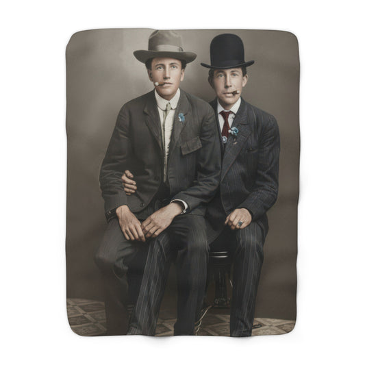 Heirloom sherpa blanket featuring two young men in pinstripe suits and hats 