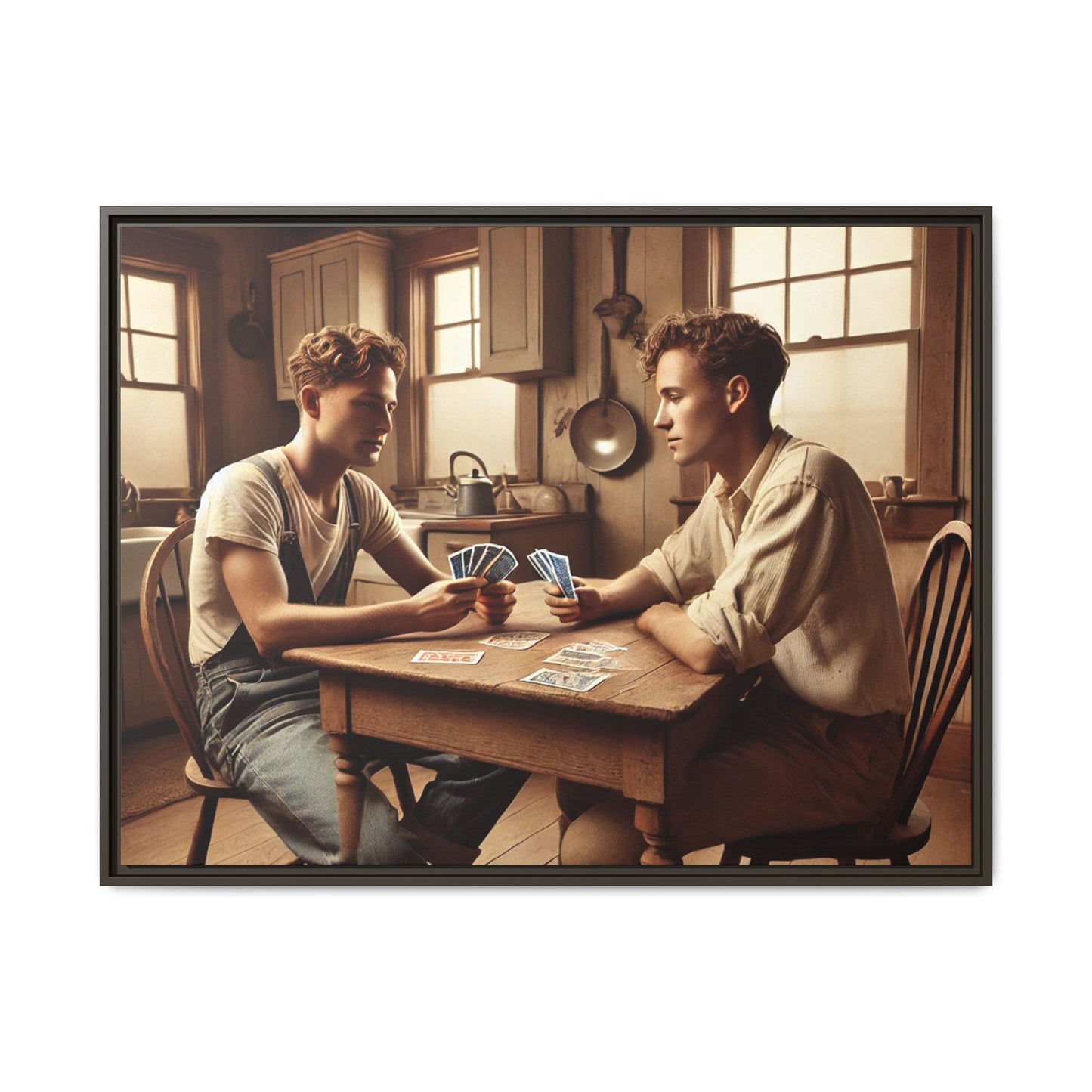 Intimate queer couple in a vintage kitchen, celebrating love and history