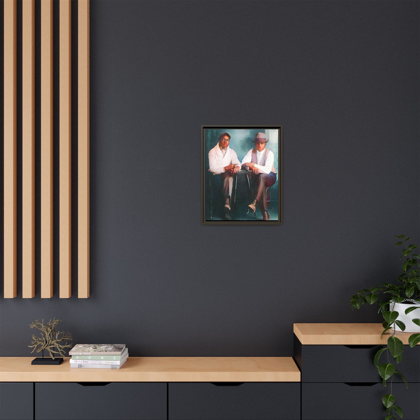 Restored vintage 1930s photo of Denzel & Jacob, African-American couple seated at a café in Little Rock AR, framed canvas art.