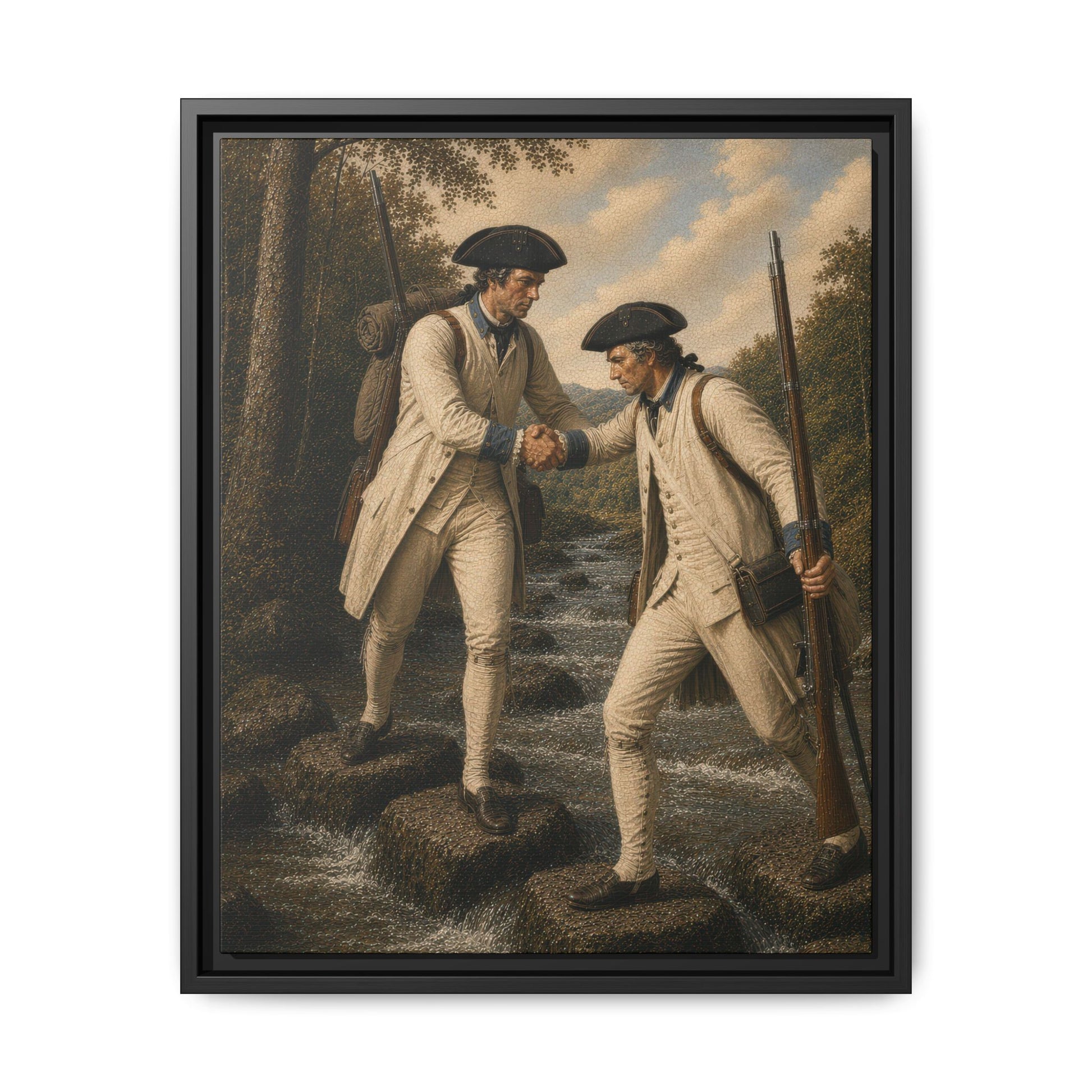 Museum-inspired framed canvas depicting two eighteenth-century French soldiers helping each other across a rocky stream in a woodland landscape.