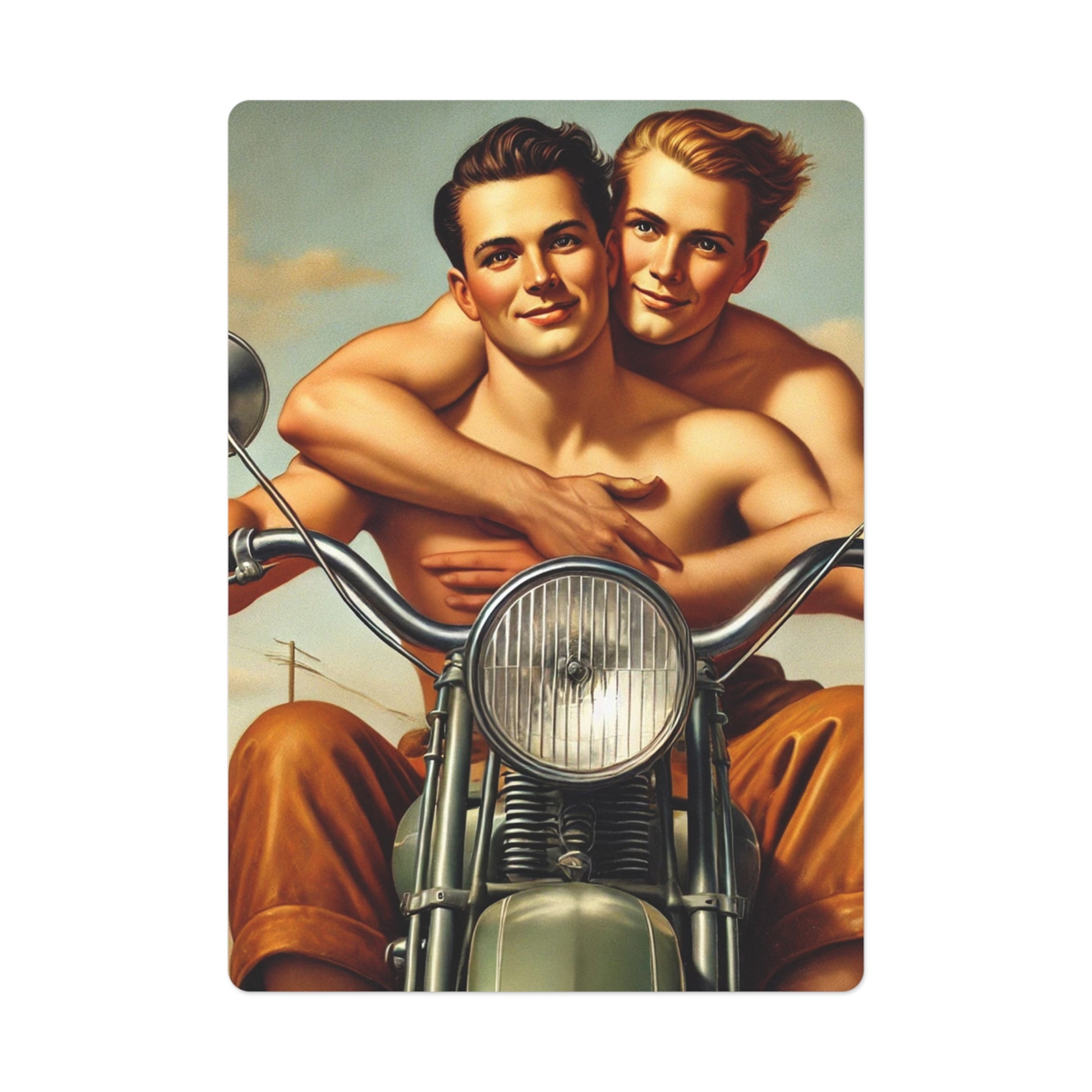 Two boyfriends sharing an intimate moment on a vintage motorcycle under a summer sky, celebrating love, freedom, and Americana style.