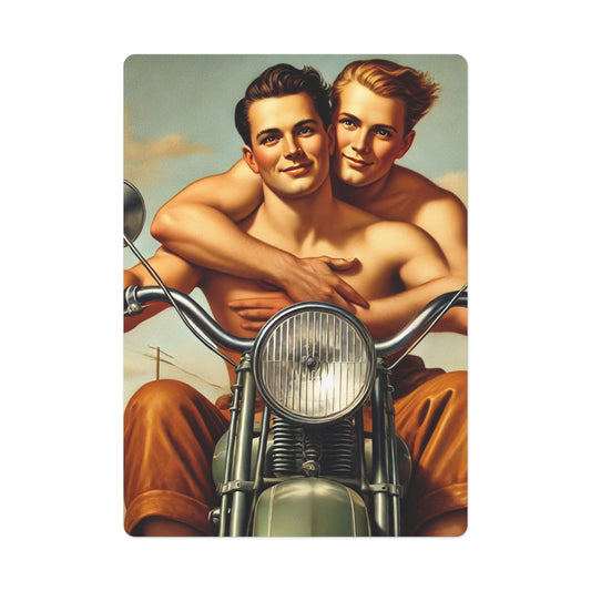 Two boyfriends sharing an intimate moment on a vintage motorcycle under a summer sky, celebrating love, freedom, and Americana style.