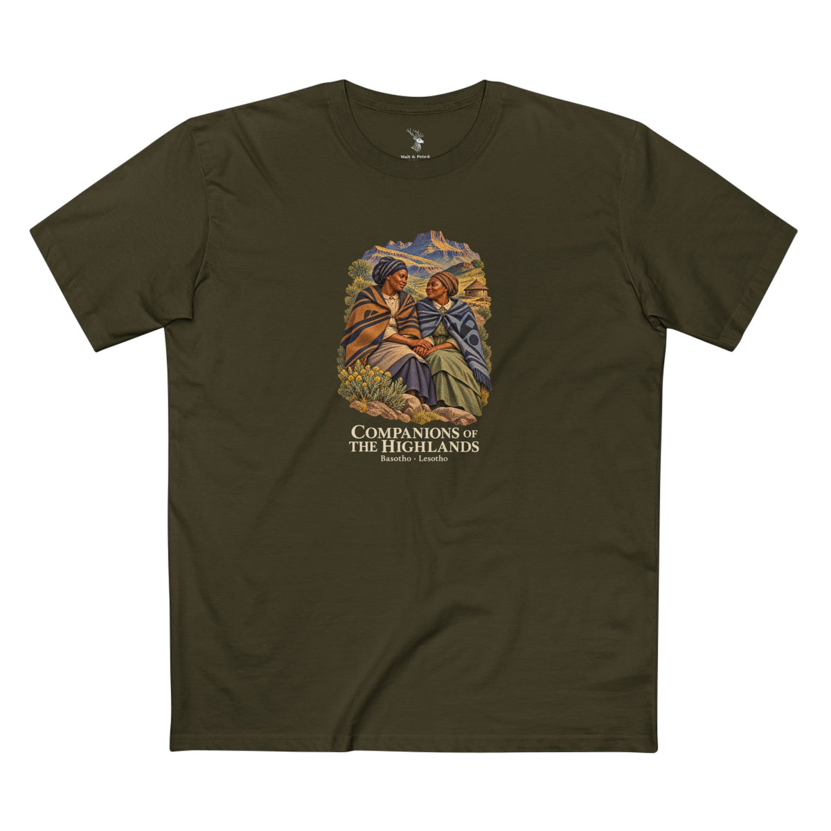 Light T-shirt featuring two women in patterned blankets against a mountain landscape, with charcoal Companions of the Highlands and Basotho · Lesotho lettering.