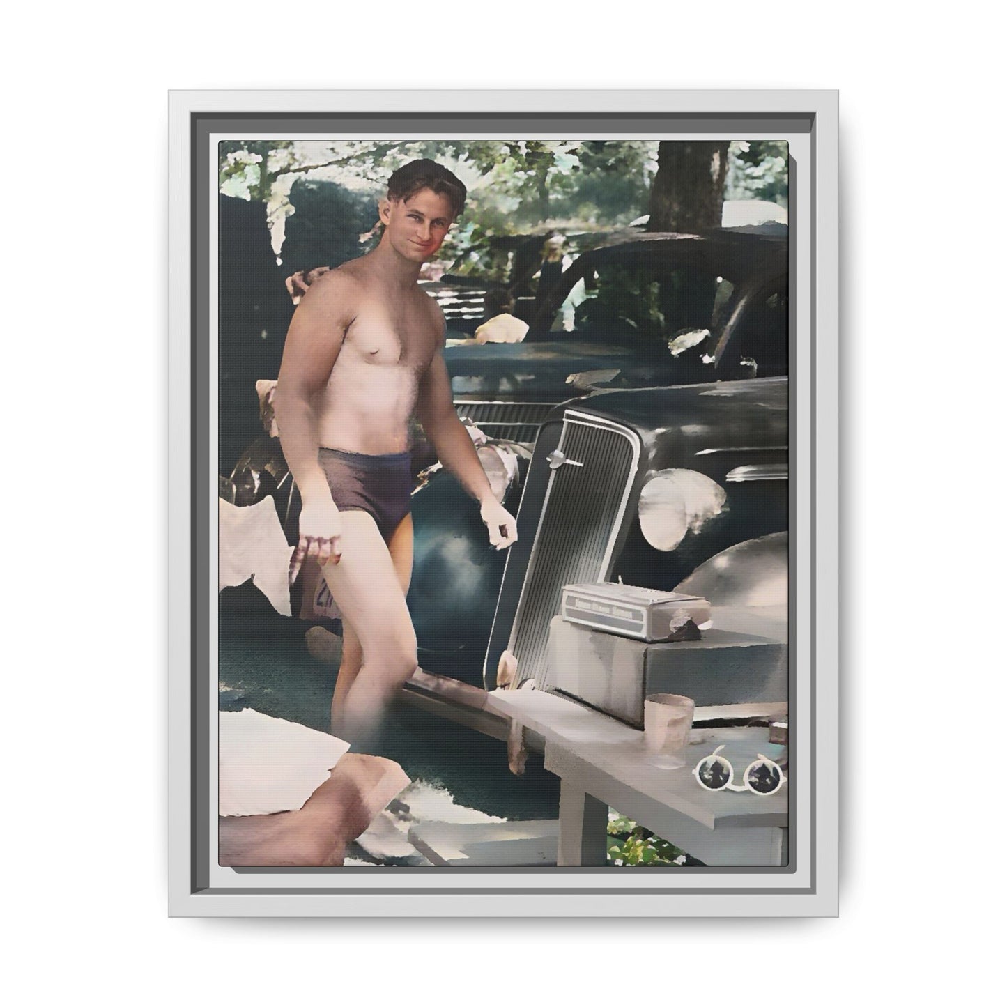 Restored 1930s photo of Jude standing by a vintage roadster in Cleveland OH, framed matte canvas art.