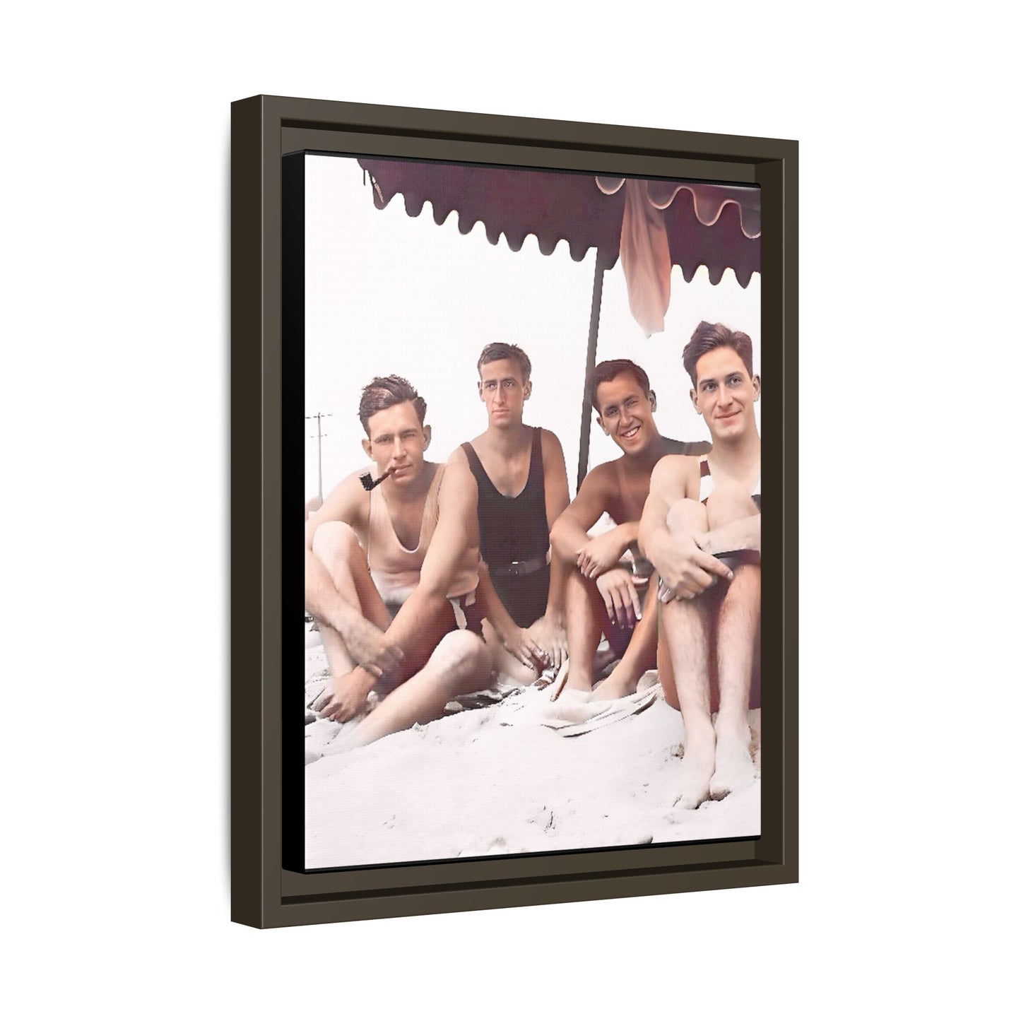 Restored vintage 1920s photograph of men enjoying a sunny beach day in Asbury Park, New Jersey, under a striped canopy. Framed matte canvas print celebrating LGBTQ+ history, joy, and camaraderie