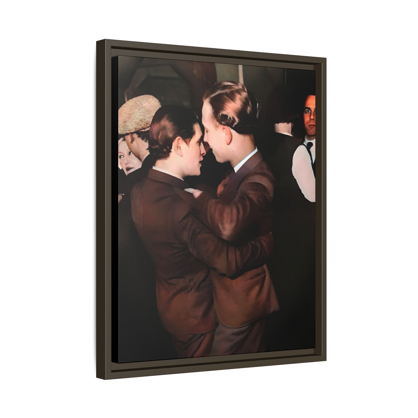 Restored vintage photo of Bernard & Leroy, a gay couple dancing at an elegant gathering in Atlanta GA, framed canvas art.