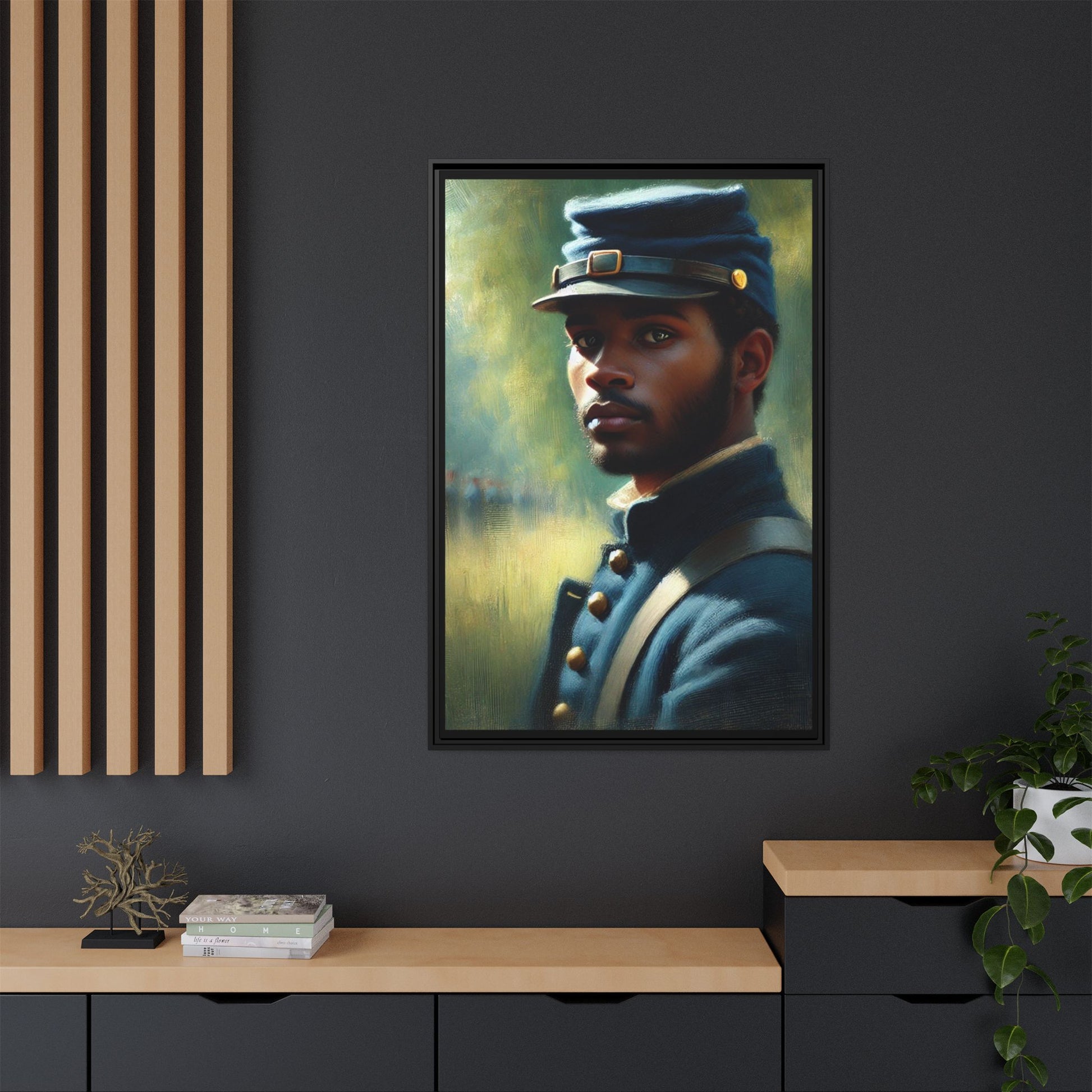 Portrait of an African American Civil War Union soldier in a kepi and navy wool coat, inspired by Walt Whitman’s Drum-Taps, honoring bravery, sacrifice, and resilience.