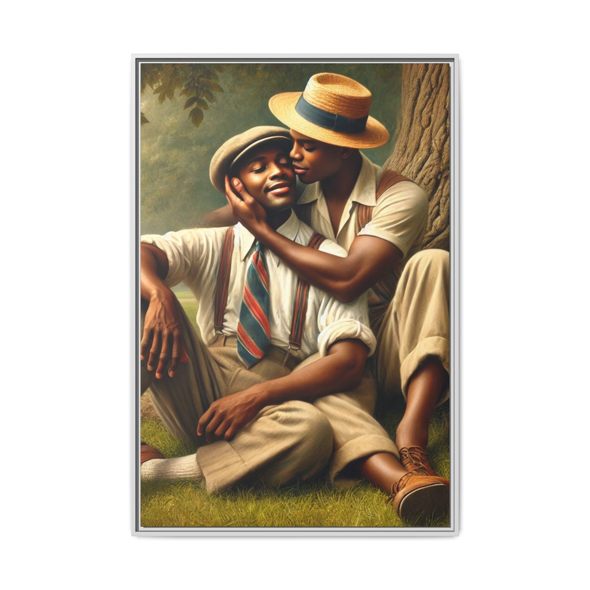 Hyper-realistic artwork of an African-American gay couple in 1930s vintage attire under a leafy tree, celebrating love and resilience.