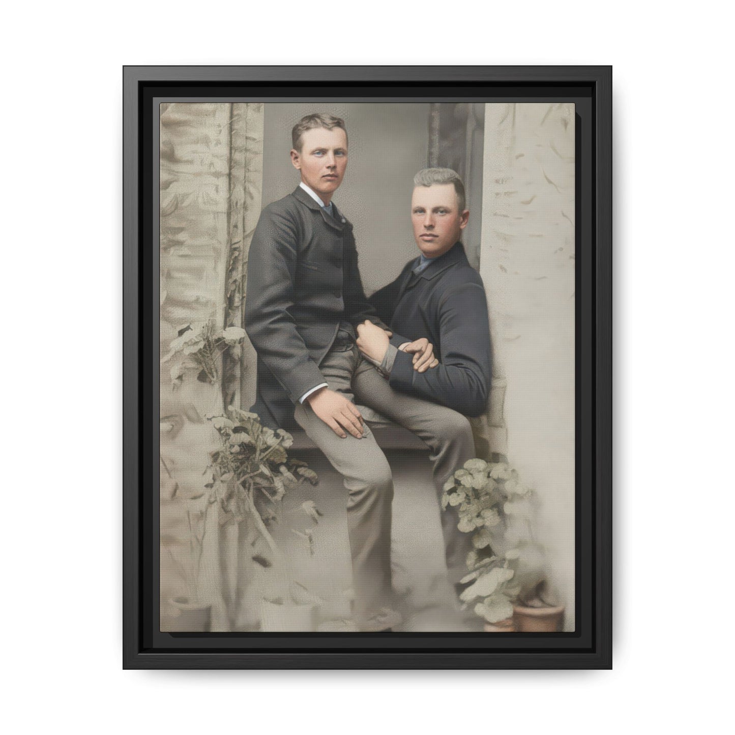 Vintage studio photograph of two companions seated with plants and architectural framing