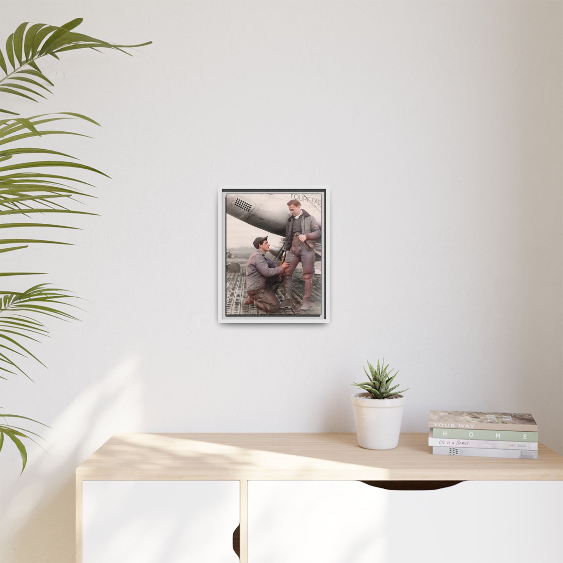 Restored vintage photo of Frank & Albert, a WWII pilot and mechanic on the USS Hornet, framed matte canvas art. US Airforce Gay Couple