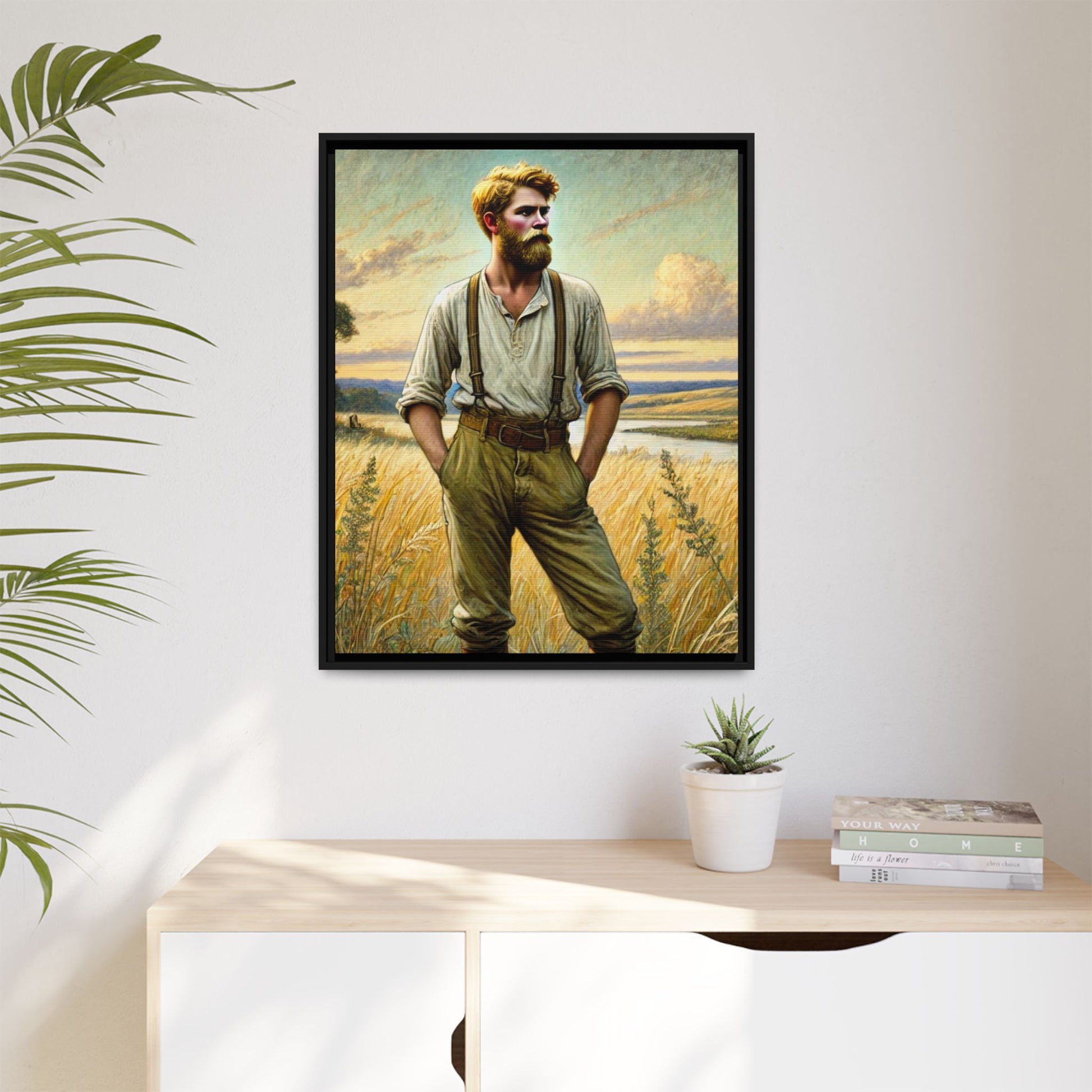 Framed artwork of a confident farmer in 19th-century attire, standing in a golden wheat field, inspired by Walt Whitman’s Song of Myself in Leaves of Grass.