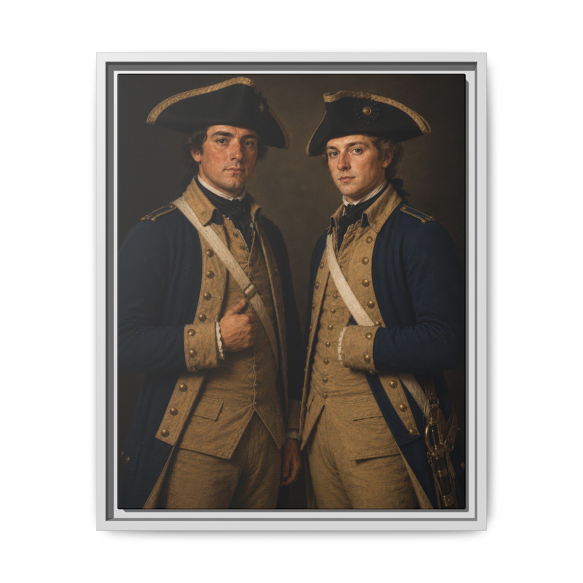 Companions of Liberty Revolutionary War portrait featuring two Continental Army enlisted soldiers in historically inspired blue uniforms.