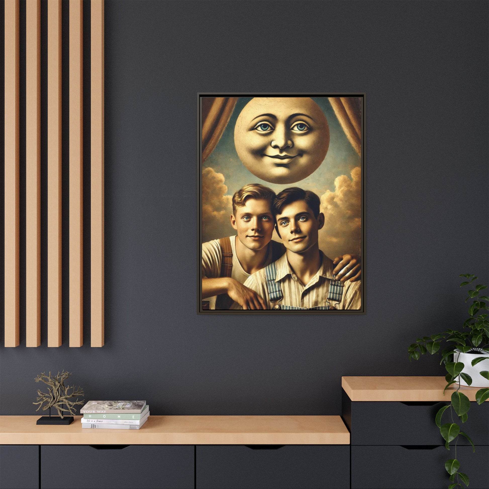 Framed matte canvas portrait featuring two young men in vintage overalls with a crescent moon prop above them. This artwork from the Missing Art Studies series reclaims LGBTQ+ imagery that may have been lost to bias, presenting warmth, intimacy, and presence.