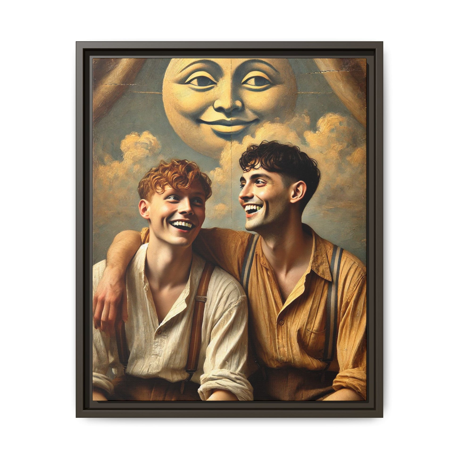 Queer artwork of two joyful young men dressed in vintage clothing with rolled sleeves and suspenders, laughing under a large moon prop in a dreamy studio scene. A celebration of love and resilience reclaimed from forgotten queer histories.