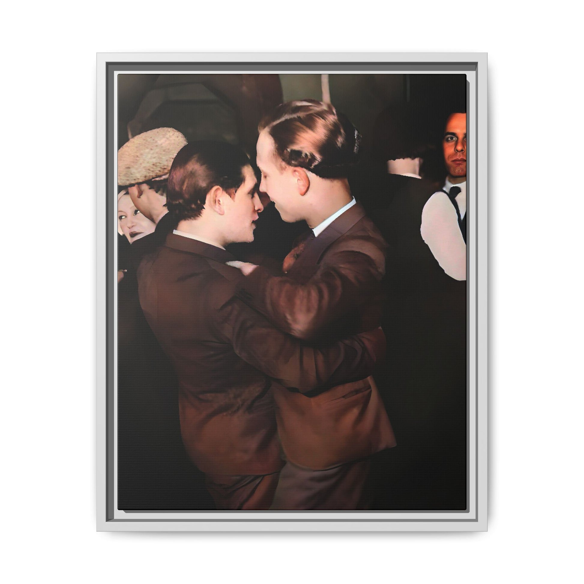 Restored vintage photo of Bernard & Leroy, a gay couple dancing at an elegant gathering in Atlanta GA, framed canvas art.