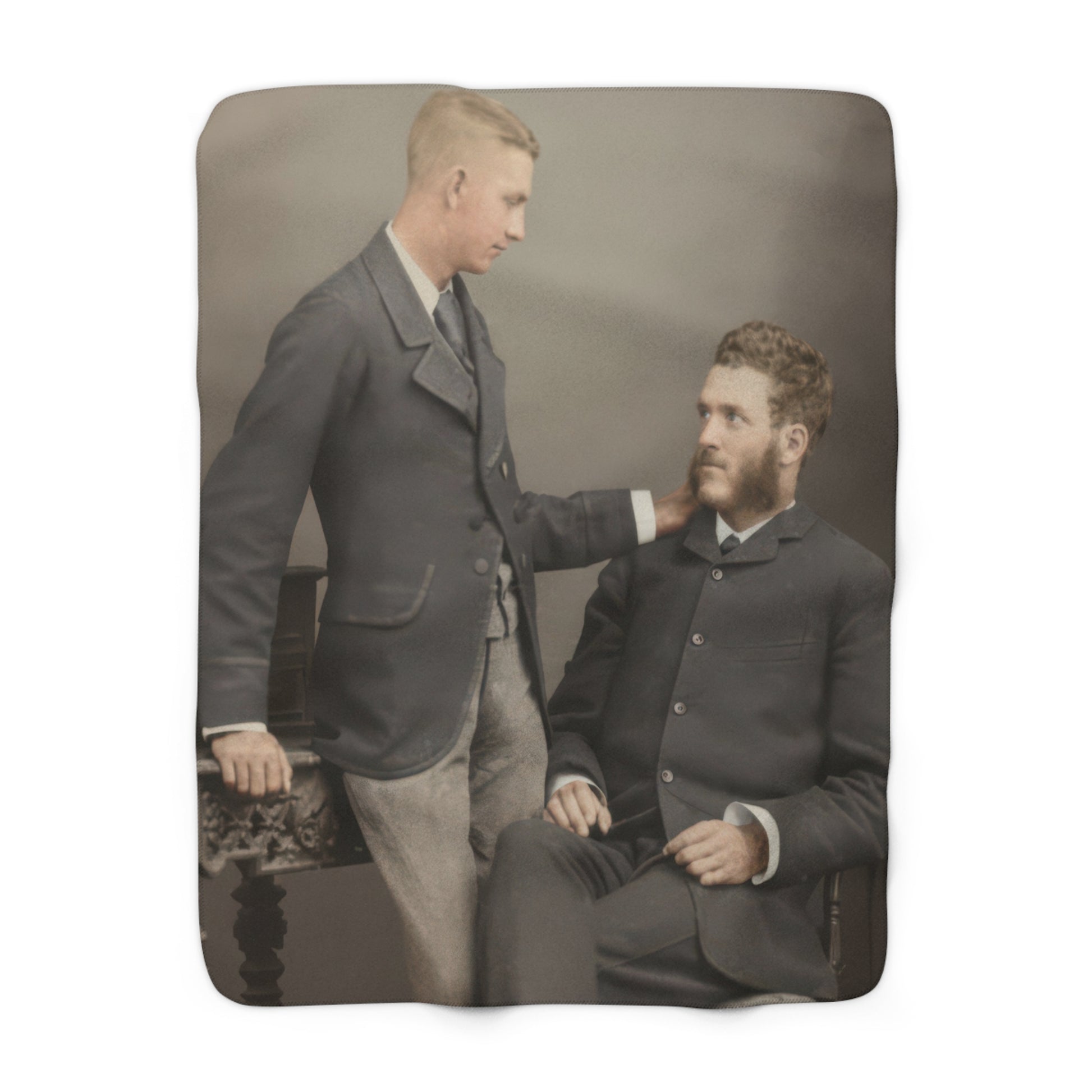 Heirloom sherpa blanket featuring a restored historical studio portrait of two formally dressed men 