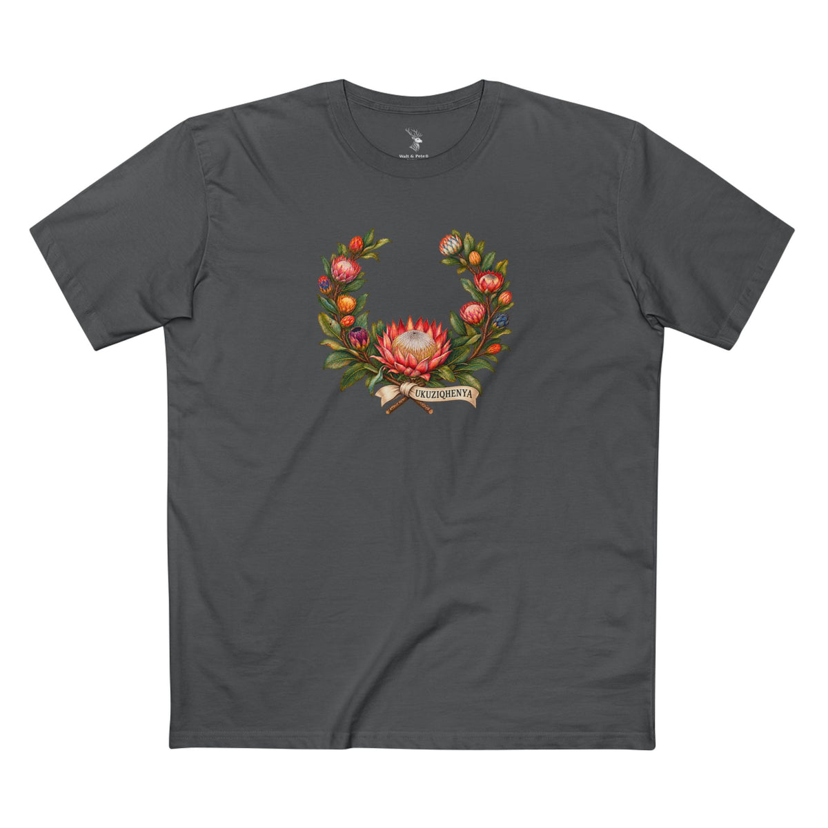 Vintage botanical wreath with a central king protea, surrounding multicolored blooms, and UKUZIQHENYA arched above the central flower in an engraved-style typeface.