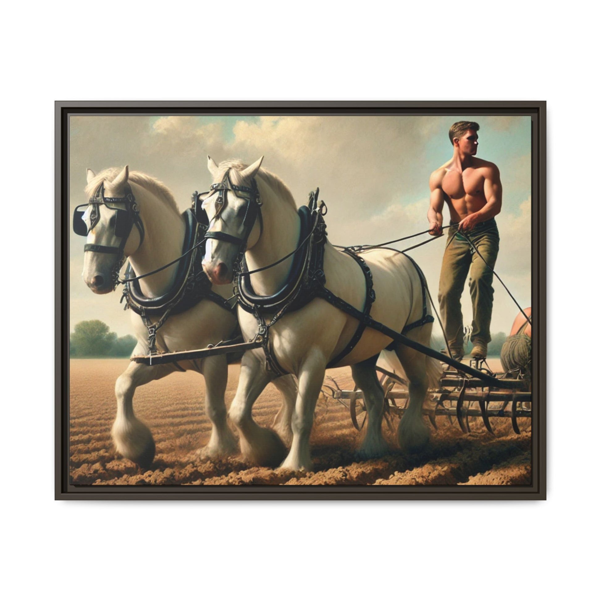 Vintage-style artwork of a shirtless man plowing a field with white horses, celebrating rural life and resilience.