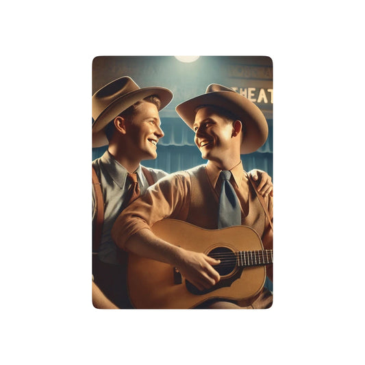 Vintage-style poker deck featuring two country musicians in cowboy hats and tailored vests, sharing a stage and a love story through music