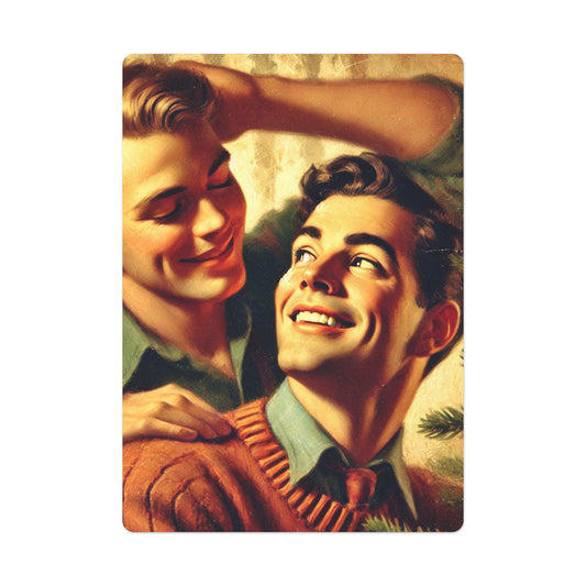 A festive vintage illustration of two boyfriends celebrating their first Christmas, sharing a warm and loving moment in front of a holiday backdrop.