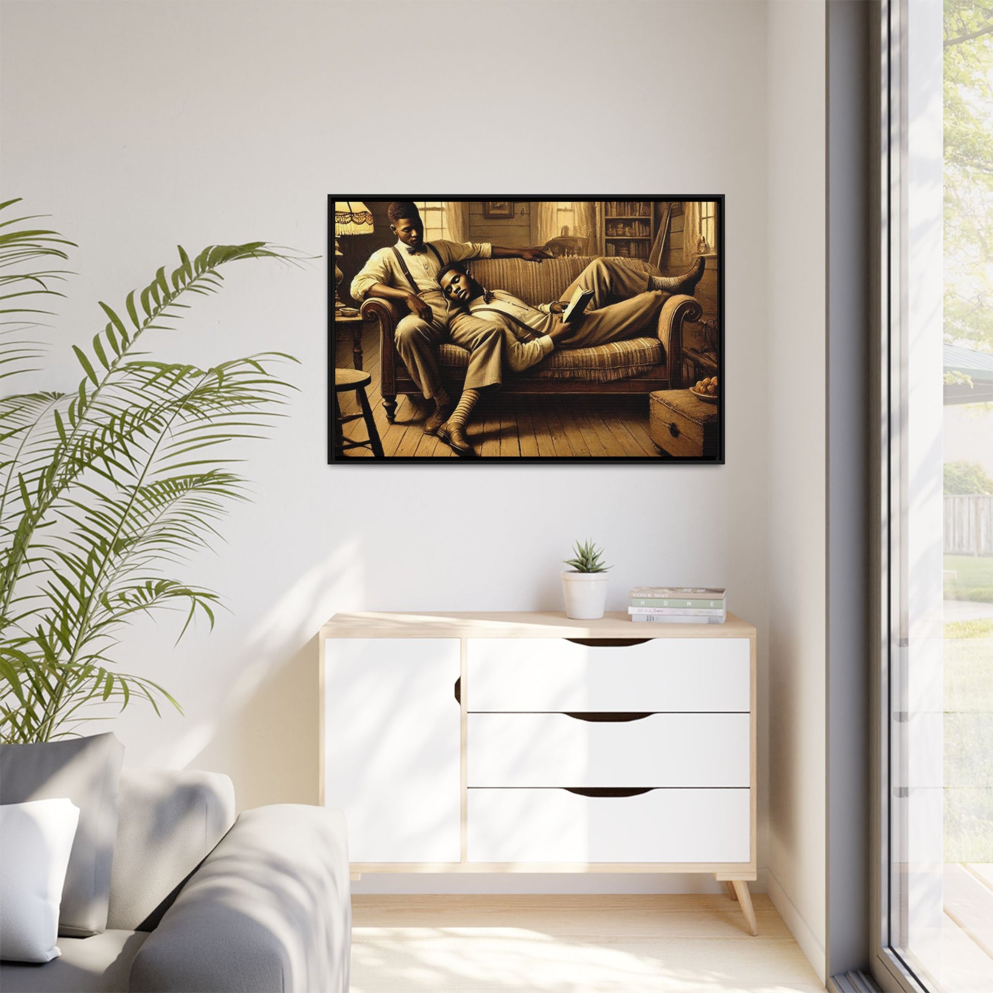 Framed artwork of an African-American gay couple sharing an intimate moment on a rustic sofa, inspired by Grant Wood’s style