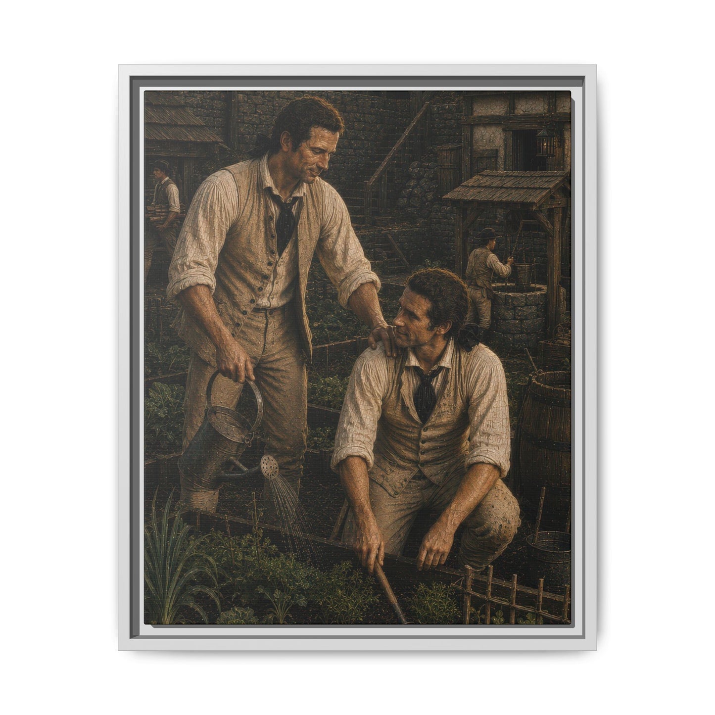 Companions of Liberty portrait showing two Revolutionary War soldiers working together in a colonial fort garden beneath a wooden watchtower.