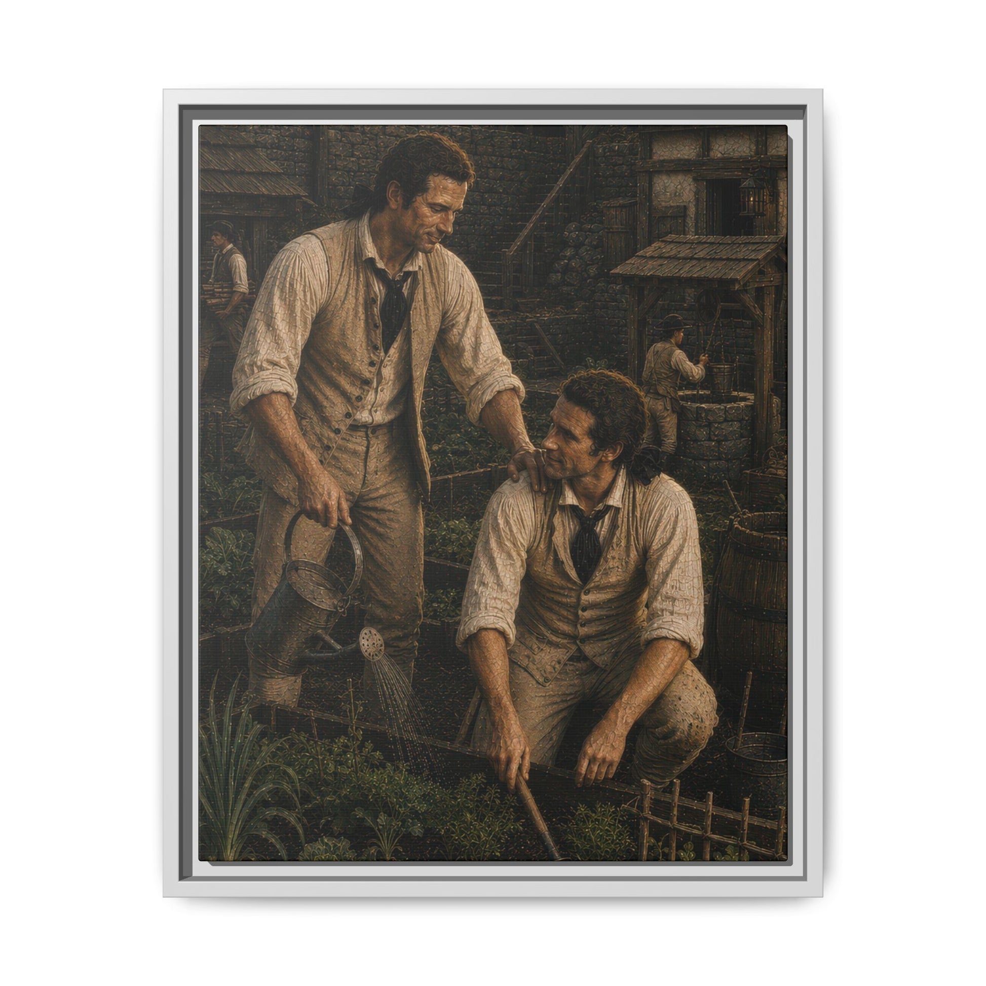 Companions of Liberty portrait showing two Revolutionary War soldiers working together in a colonial fort garden beneath a wooden watchtower.