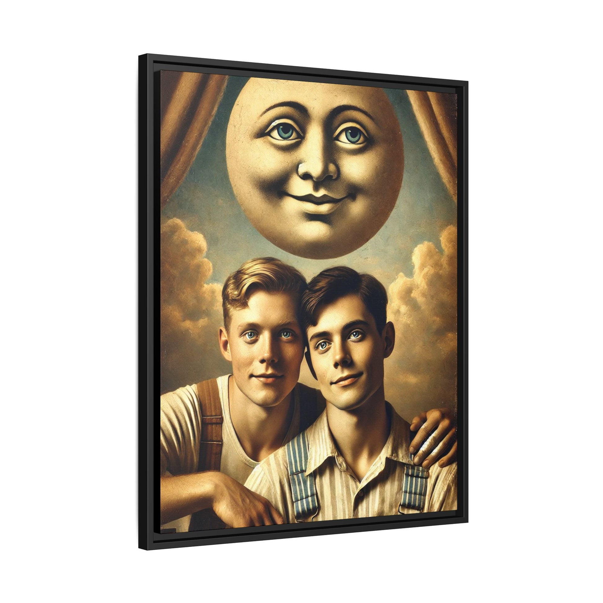 Framed matte canvas portrait featuring two young men in vintage overalls with a crescent moon prop above them. This artwork from the Missing Art Studies series reclaims LGBTQ+ imagery that may have been lost to bias, presenting warmth, intimacy, and presence.