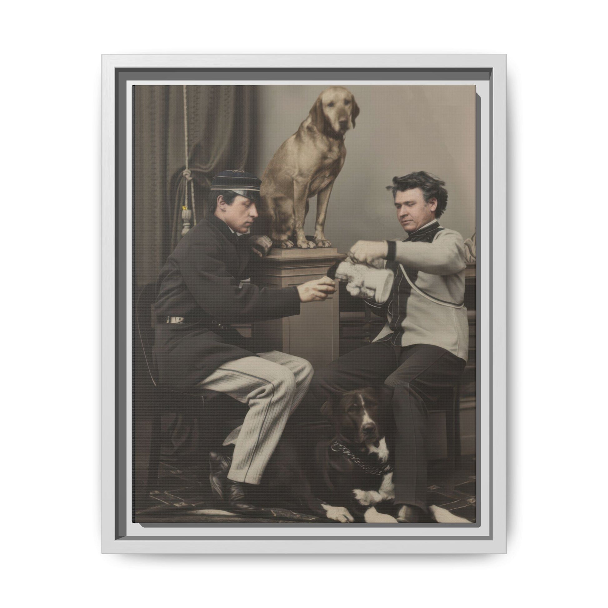 Historical studio scene with seated figures, pedestal dog, and dark curtain backdrop