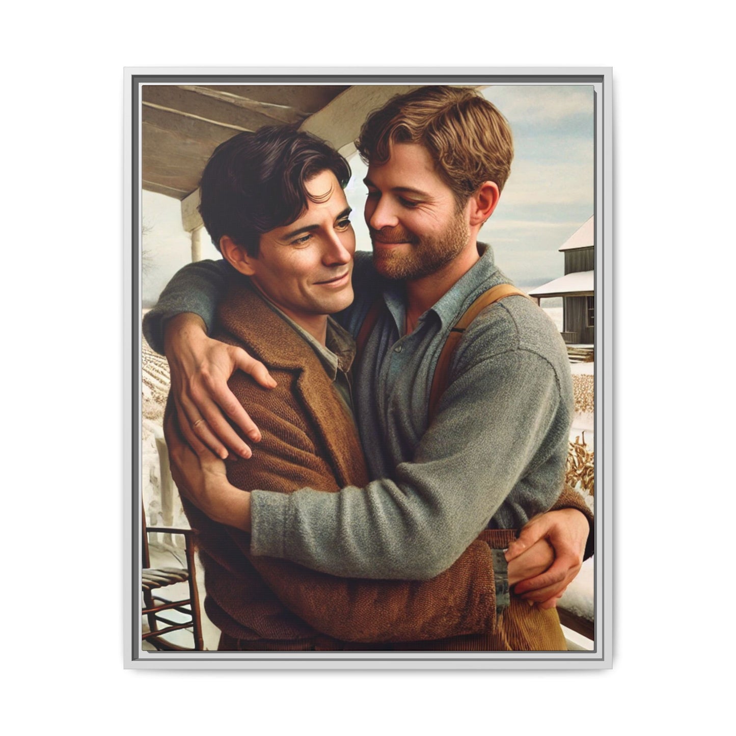 Artwork of a tender moment between two men embracing on a rustic farm porch in 1930s-style clothing. Set against a snowy, vintage rural backdrop, this image captures LGBTQ+ love and connection with a nostalgic Americana feel