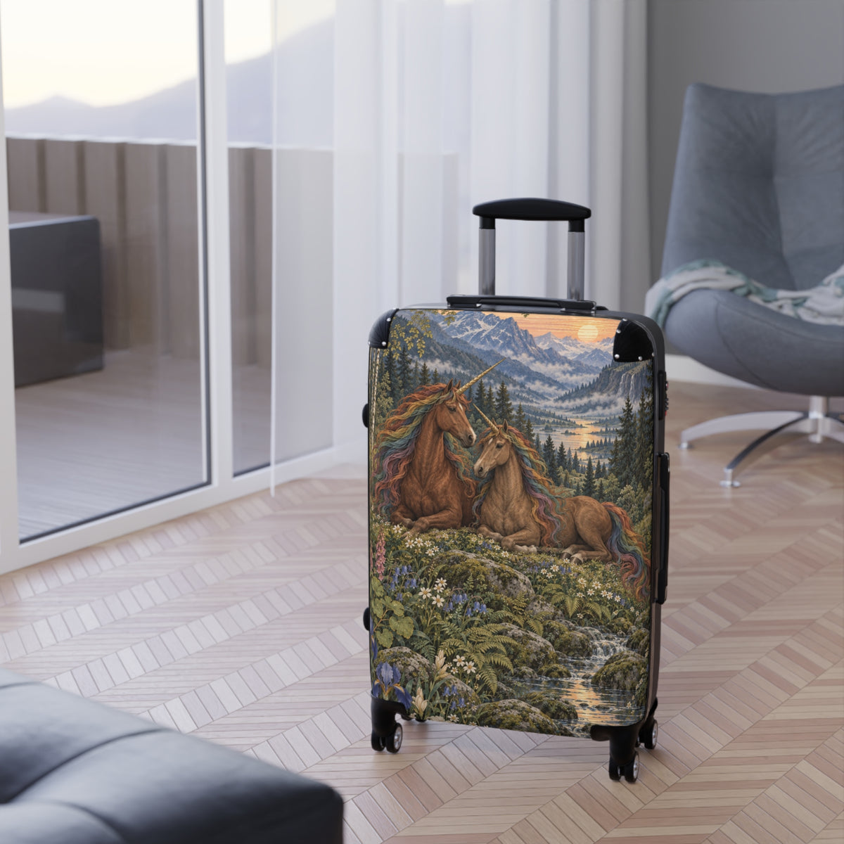 Companions of the Rainbow Vale | Brown Unicorn Aesthetic Movement Carry-On Suitcase